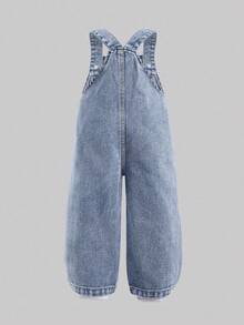 女婴洗水牛仔背带裤，花卉印花宽松连体裤 - 淺色水洗藍 - 查看 3