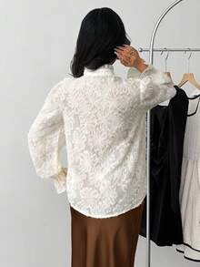 Teen Girl Loose Casual Elegant Frilled Trim Puff Sleeve Button-Up Shirt, Comfortable Daily & School , Long Sleeve Tops White Ruffle White Blouse, Lace Ruffle Top Ruffle Shirt, Ruffle Blouse, Long Sleeve Ruffle Shirt - White - View 4