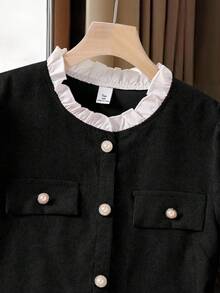 SHEIN 两件套青少年休闲灯芯绒长袖荷叶边领纽扣装饰外套上衣搭配简约梭织A字裙套装，适合日常休闲穿着，秋冬季节适用。 - 黑色 - 查看 4