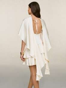 Poéselle Abito mini elegante in raso bianco crema da donna, stile poncho con orlo a balze stratificate, outfit da invitata a matrimonio estivo, festa di Natale, pendolarismo, autunno - Albicocca - Visualizzare 7