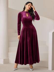 Modelyn Burgundy Red Women's Solid Color Keyhole Neck Puff Sleeve Elegant Dress Long Evening Dresses - Hot Pink - View 3