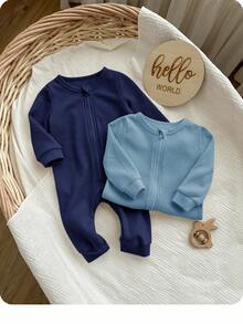 SHEIN Bộ 2 áo liền quần tay dài dệt kim màu trơn dễ thương cho bé gái sơ sinh, mùa thu/đông - Màu xanh hải quân - Xem 3