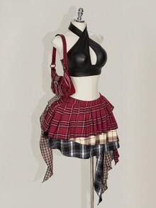 SHEIN ICON Falda plisada de talla grande con patchwork a cuadros asimétrico - Multicolor - Ver 4