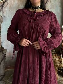 Lyrianda Romantic French Ruffled Red Flared Waist Dress, High-End Ethereal Gentle Long Dress For Women, Sweet Girly French Retro Big Round Collar Lace Trim Long Sleeve Puff Sleeve Slimming High Waist Dress - Burgundy - View 1