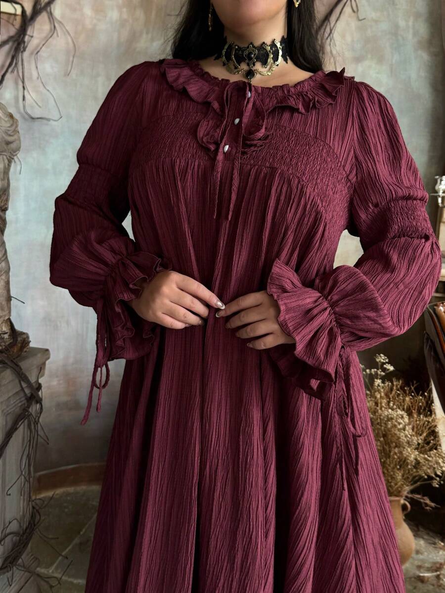 Lyrianda Romantic French Ruffled Red Flared Waist Dress, High-End Ethereal Gentle Long Dress For Women, Sweet Girly French Retro Big Round Collar Lace Trim Long Sleeve Puff Sleeve Slimming High Waist Dress - Burgundy - View 1