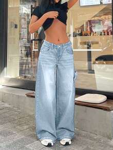 EURMUSE RueChic 100% 纯棉复古水洗 Y2K 高腰休闲阔腿裤，带原始斜口袋，适合日常休闲户外穿着 - 淺藍色 - 查看 3