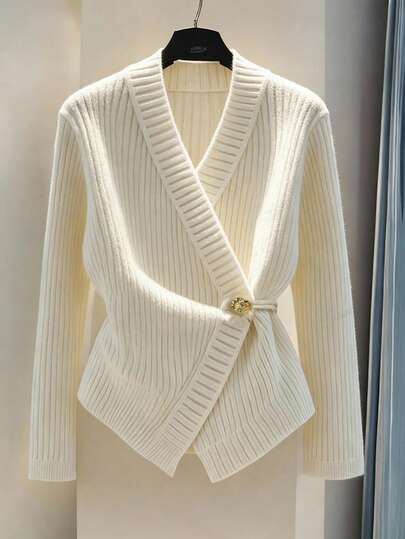 GlowEve CURVE Cárdigan de manga larga ajustado con diseño asimétrico de botones grandes, cómodo y elegante, talla grande