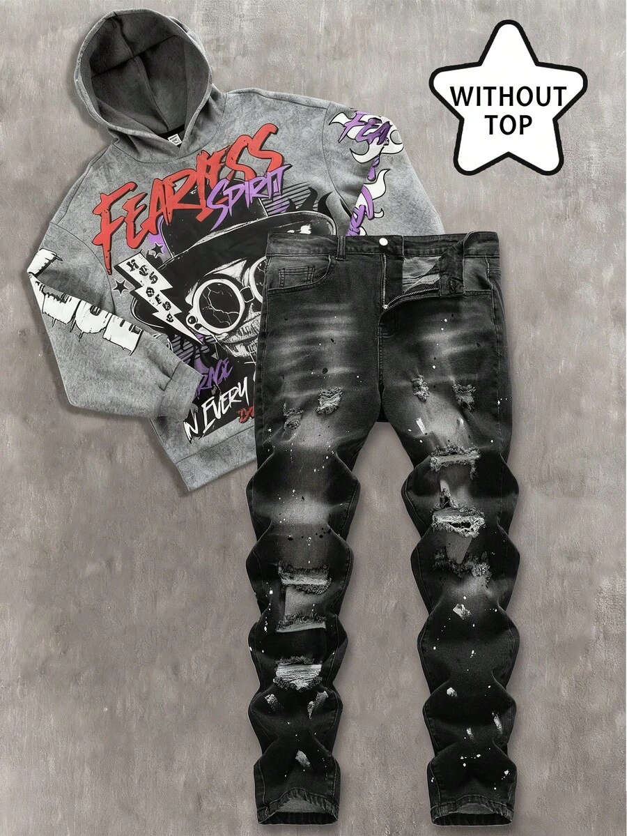 Jeans negros rotos y desgastados de estilo vintage Y2K con cortes y roturas, de tela elástica, para niños y adolescentes. Ropa casual y de diario, ideal para otoño, verano y primavera, de vuelta al colegio, homecoming, festivales, playa y streetwear. Ropa de estilo old money, punk y streetwear. - Negro - Ver 1