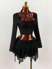 Amplova Vintage Black Autumn Goth 2-Piece Set,Square Collar Lace Semi-Sheer Mushroom Button Long Sleeve Top & Asymmetrical Double Layer Skirt Night Out Club - Black - View 4