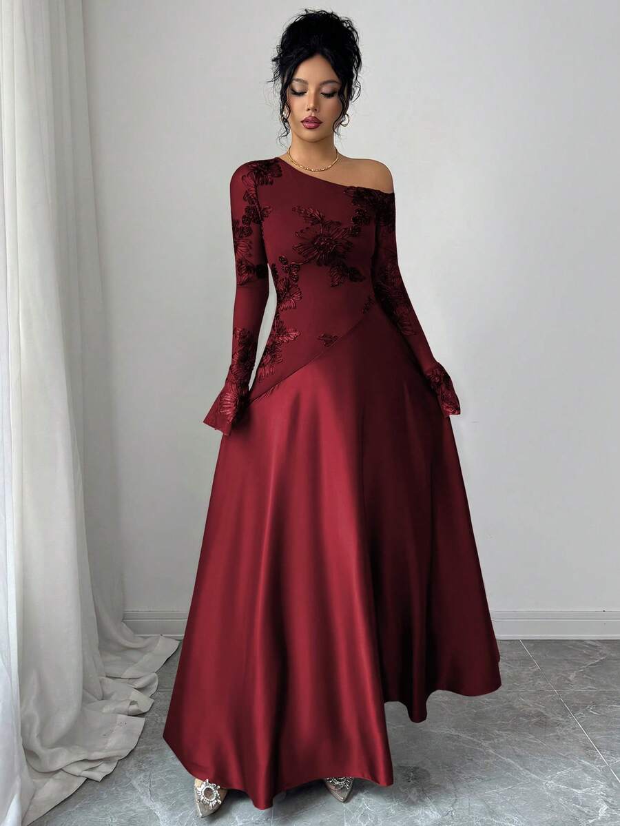 Modelyn 女士秋季棕色性感露肩网纱刺绣长袖高腰A字连衣裙 - 酒紅色 - 查看 1