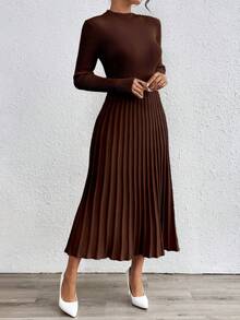 RosyDaze Women's Solid Color Stand Collar Long Sleeve Pleated Hem Elegant Knit Dress, Autumn/Winter - Coffee Brown - View 4