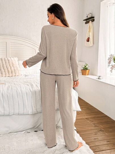 Ribbed Brushed Neck Bowknot Long Sleeve Top Pants Pajama Set, Comfy Lounge Fall Clothes view 2