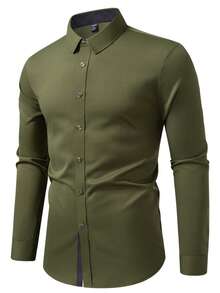 Manfinity Mode Stylish Men's Army Green Regular Long Sleeve Shirt With Shirt Collar Button Front For Business Commuting - Army Green - View 3