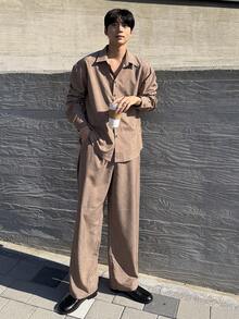 DAZY 2pcs Men's Solid Color Khaki Shirt Loose Pants Suit Set, Spring/Autumn Quarter Zip Men - Khaki - View 9