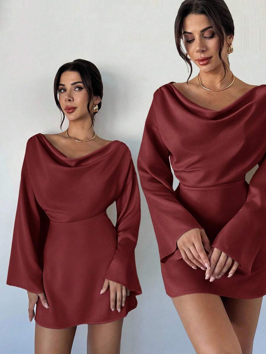 Firerie Đầm công sở màu mơ, cổ thuyền tay loe, eo thắt eo, nhún bèo, đơn giản, thanh lịch, mới cho mùa thu/đông, chất liệu satin màu mơ, cổ loe, tay bồng, không đối xứng, đầm công sở hàng ngày, sang trọng, áo khoác nữ mùa thu, đầm dự tiệc cưới - Màu Đỏ Sâu - Xem 1