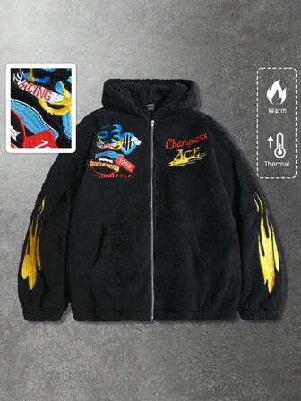 معطف صوفي مبطن حراري للرجال مع رقعة مطرزة، أسلوب كاجوال للشارع، ملابس خارجية أمريكية للخريف/الشتاء