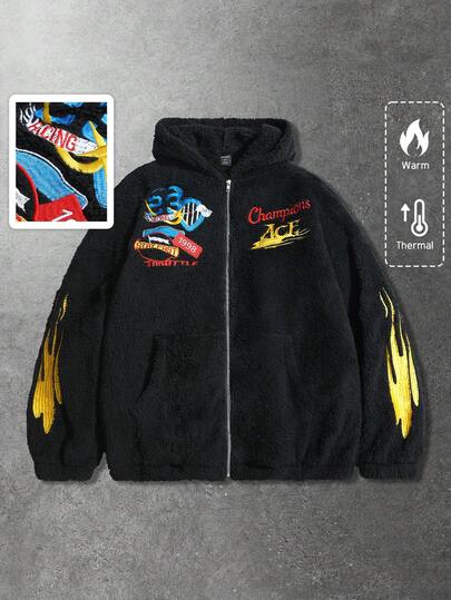 Giacca imbottita in misto lana con toppe ricamata, stile casual da strada, abbigliamento esterno americano per autunno/inverno