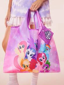 My Little Pony X SHEIN 1 Túi mua sắm gấp gọn in hình nhân vật hoạt hình dễ thương, túi tote có túi nhỏ đựng đồ kèm dây xích hạt để treo, Twilight Sparkle, Rainbow Dash, Fluttershy, Pinkie Pie, Rarity, Applejack, Spike, Tình bạn, Ý tưởng quà tặng - Hồng - Xem 4