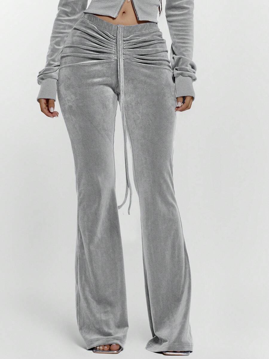 MUSERA Drawstring Tie Ruched Front Low Waist Velour Skinny Fitted Flare Trousers Bottoms Only Sexy Going Out Autumn Fall Night Out Winter Cute Streetwear