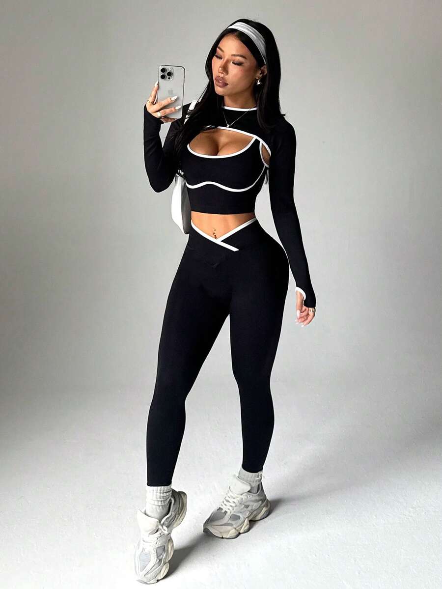 Dewbera 女士无缝罗纹运动套装，长袖披肩领上衣，撞色背心，高腰紧身打底裤，运动健身三件套，健身紧身裤三件套，女士健身套装 - 黑色 - 查看 1