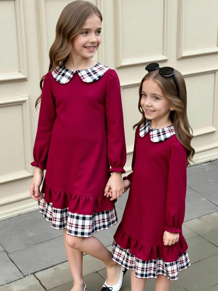 少女酒红色二合一连衣裙！格纹彼得潘领搭配泡泡袖，融合复古魅力与甜美气息；双层裙摆更添层次感。柔和的色调完美契合秋季，无论是上学还是外出，都能展现优雅气质，精致的细节设计更是锦上添花。秋季理想之选。 - 紅色 - 查看 1