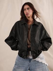 Easelle Áo khoác da PU Snow Flake cổ điển mới thu đông - màu đen - Xem 6