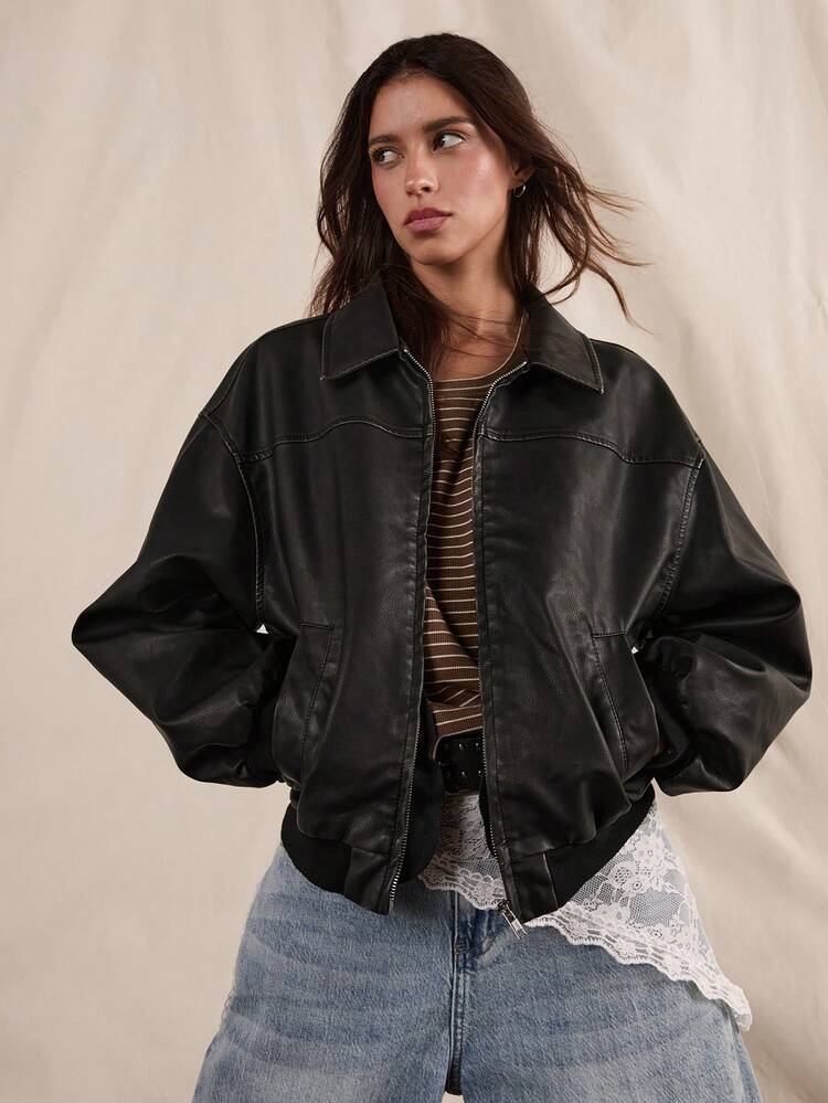 SHEIN EZwear Vintage Distressed Acid-Washed PU Leather Jacket, New