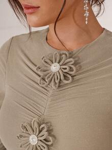 Modelyn Women's Round Neck Long Sleeve Floral Decor Pleated Elegant Dress - Khaki - View 7