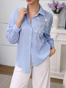 Modelyn Elegant Blue Studded 3D Sequins Floral Drop Shoulder Sleeve Fashionable Women Blouse - Blue - View 4