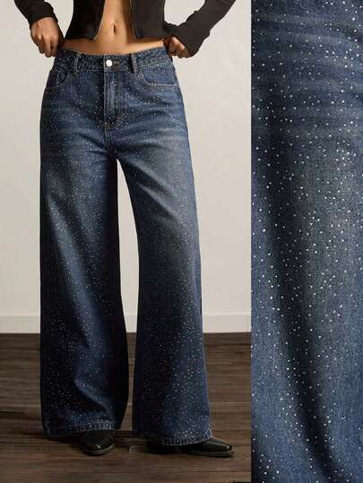 Easelle Jeans de pierna ancha con bolsillos inclinados y lavado con rhinestones para mujer
