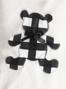 女童粉色格子休闲舒适两件套：格子刺绣泰迪熊长袖上衣和格子裤，秋冬款 - 黑與白 - 查看 8