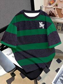 Manfinity Dauomo Camiseta casual de cuello redondo de manga corta con estampado de letras y rayas para hombres - Multicolor - Ver 1