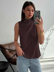 Aloruh Minimalist Commuter Sleeveless Ruched H-Line White Woven Blouse For Women, Spring/Summer - Coffee Brown - View 7