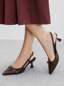 CUCCOO BIZCHIC 女士尖头小猫跟棕色踝带高跟鞋，百搭日常和工作穿着高跟鞋，带后绑带 - 棕色 - 查看 3