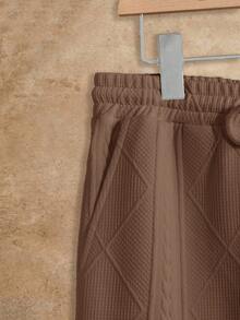 HIMLAND 2pcs Men's Casual Everyday Commute Letter Textured Fabric Knit Short Sleeve T-Shirt And Drawstring Waist Long Pants Set, Spring/Summer/Autumn Brown Set Men Men Matching Set Men S Knitted Set - Brown - View 6