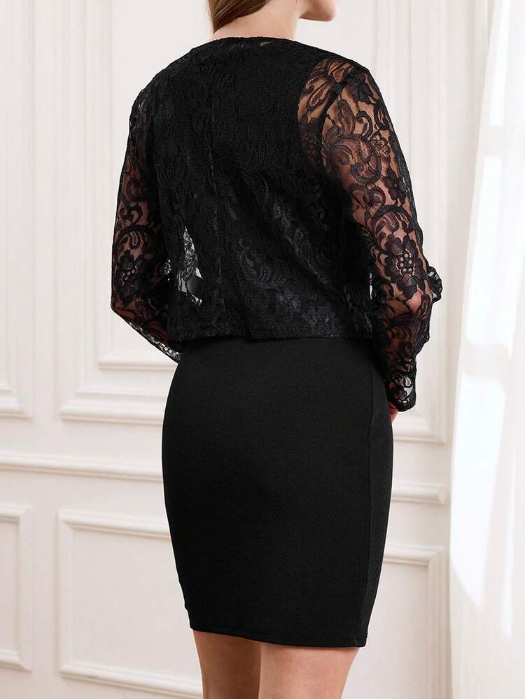 Women's Floral Lace Cardigan And Round Neck Sleeveless Dress Elegant 2-Piece Set