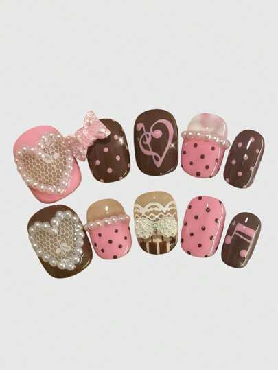 Kawaii Cute Lace Edged Romantic Heart Ballerina Style Bow White Wings Metal Music Note Pink Series Handmade False Nail Tips, Mass Produced Energetic Girl Wear, Suitable For Daily Outings And Dates