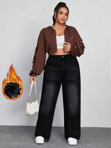 SHEIN ICON Plus Size Women Straight Leg Thermal Lined Jeans, Autumn/Winter - Black - View 3