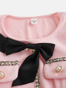 SHEIN Serisse Kids 少女优雅缎带拼接蝴蝶结装饰长袖长款连衣裙，冬季连衣裙，圣诞连衣裙，优雅连衣裙 - 粉色 - 查看 9