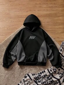 Manfinity Unisex Men's Casual Contrast Color Print Long Sleeve Hoodie - Black - View 2