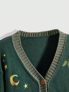 ROMWE Fairycore 复古女士V领纽扣长袖蘑菇、植物、月亮和星星刺绣开衫毛衣 - 彩色 - 查看 3