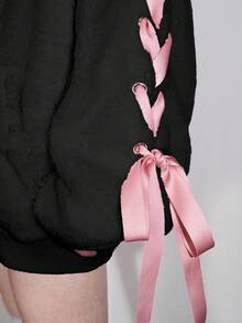 ROMWE Kawaii Áo nỉ nữ kiểu dáng nơ tai thỏ, viền ren, có nơ. - màu đen - Xem 5