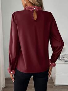 SHEIN Clasi 1 pieza Blusa decorativa de unicolor elegante con cuello y puños para mujer, otoñal - Burdeos - Ver 2