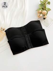SHEIN 2件套黑色前扣可调节加厚文胸套装，易于穿着的女士内衣 - 黑色 - 查看 6