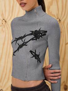 COUREZ Asymmetric Zip Up Fitted Rib Knit Jumper With Graphic /Y2K Going Out For Women Spring For Women Going Out Tops Rave Women's Spring Sweater - Grey - View 6