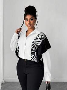 Maweii Plus Size Women Patchwork Zebra Print Ruffle Hem Loose Fashion Blouse - White - View 6