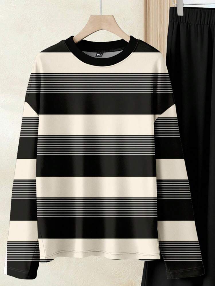 2pcs Women Casual Striped Pattern Set, Suitable For Autumn/Winter