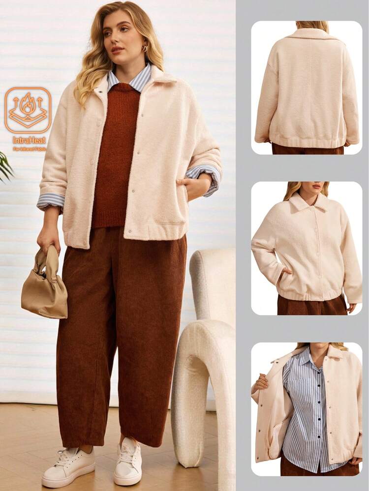 Plus Size Solid Color Casual Warm White Coat, Autumn/Winter Women's Winter Coat New Year Elegant Women Stylish Collection Casual Work