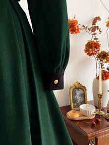 Vintamour 复古优雅女士连衣裙，带口袋腰带，撞色拼接蝴蝶结纽扣，休闲通勤度假长裙 - 墨綠色 - 查看 7