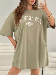 SHEIN EZwear Đầm thun cổ tròn in chữ cỡ lớn cho nữ cỡ lớn - Màu Khaki - Xem 3